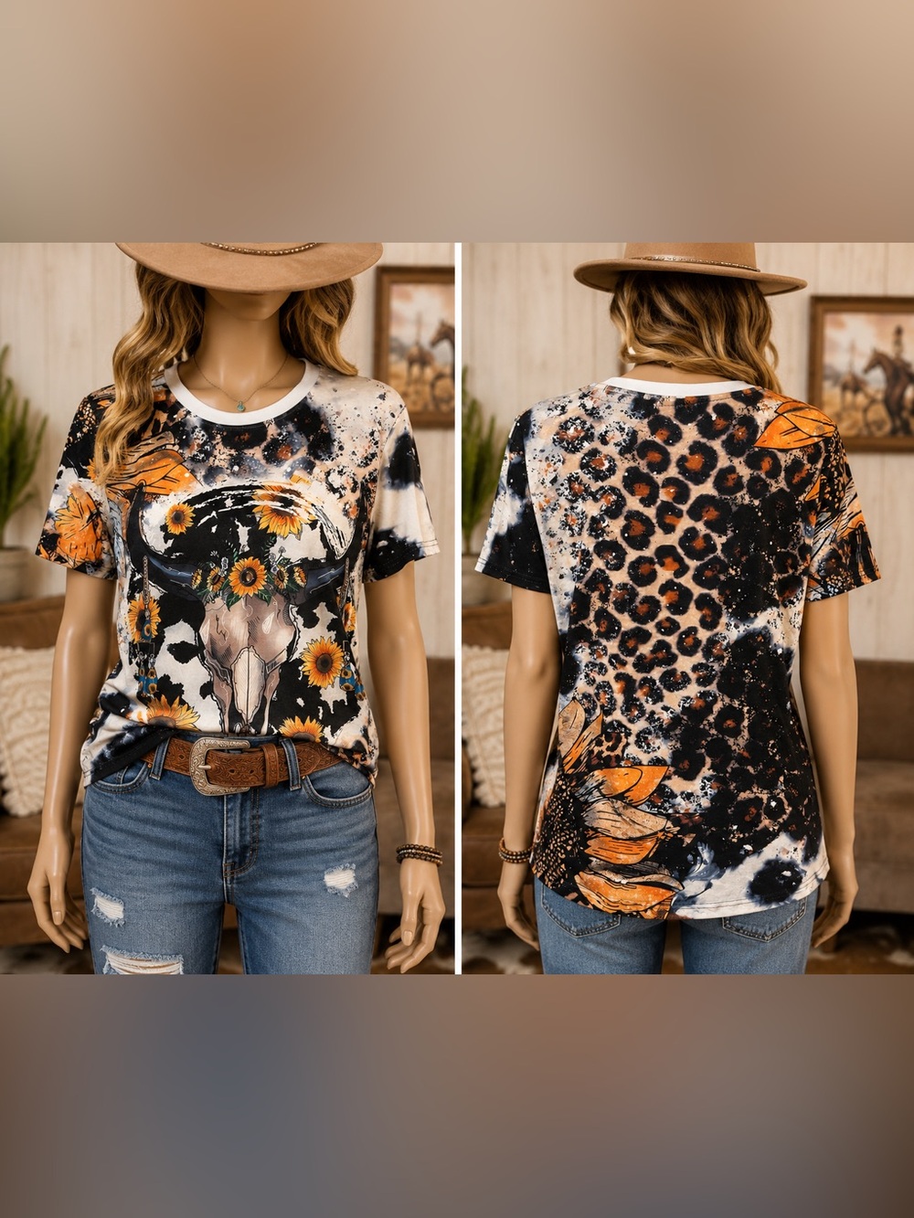 🆕 WESTERN/COWBOY Boho Sunflower Skull Graphic Tee - Orange Floral Leopard Print